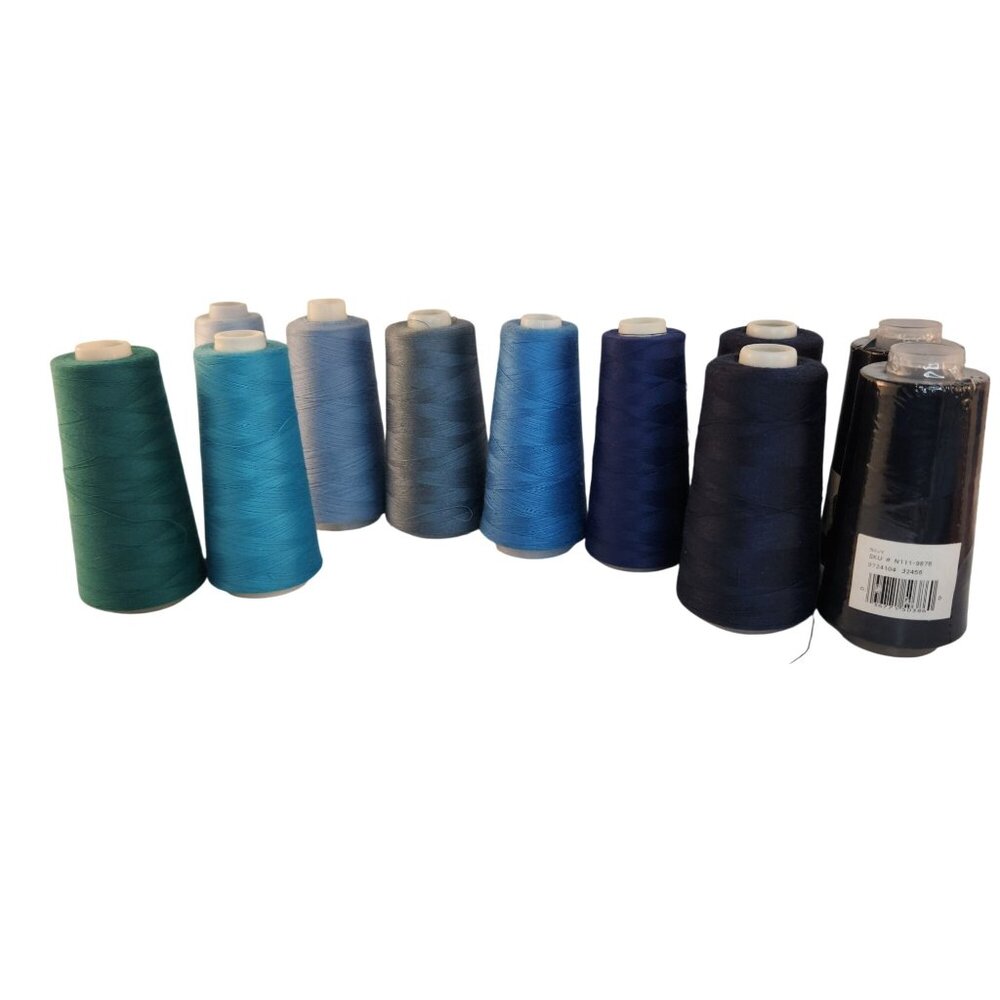 Large Lot Of 11 Blue & Teal Overlock Sewing Thread